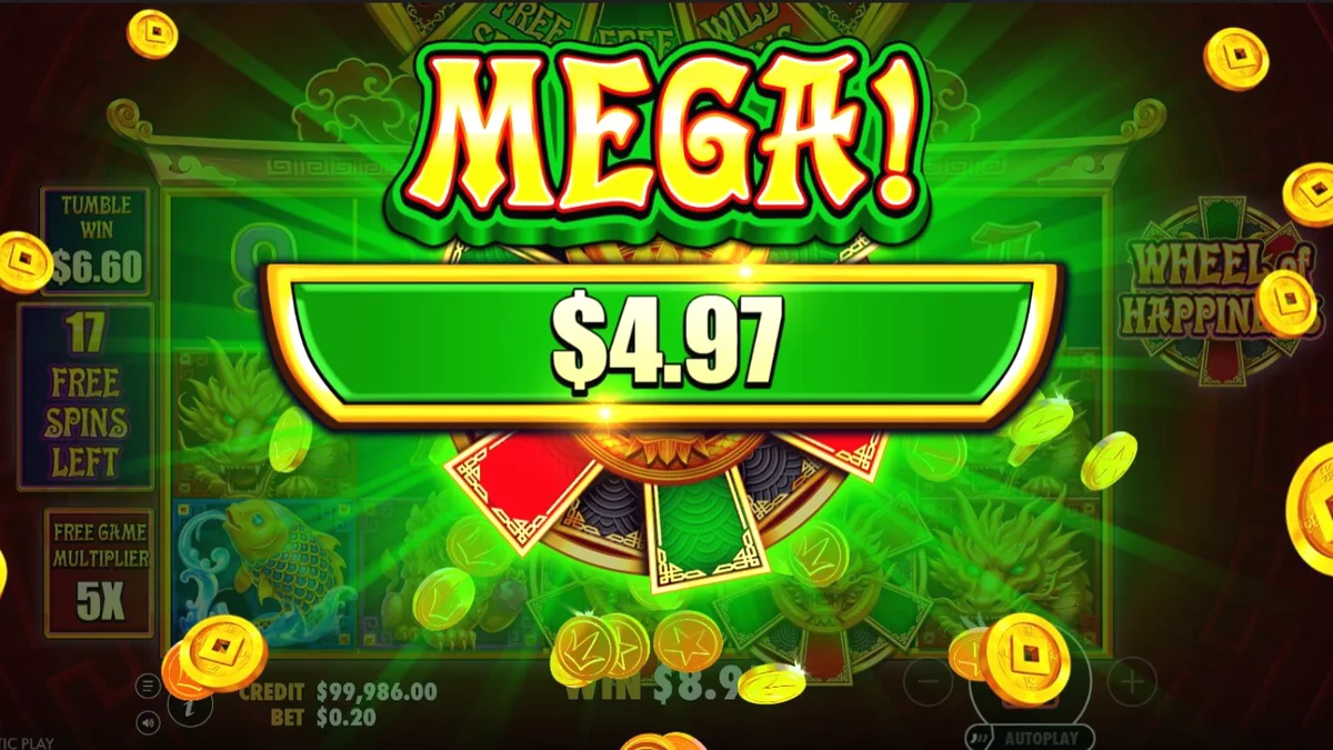 Wheel of Happiness slot machine interface na may temang gintong dragon at oriental na disenyo