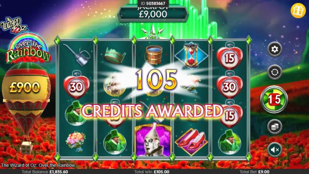 The Wizard of Oz: Over the Rainbow slot interface showing magical symbols and the yellow brick road theme.