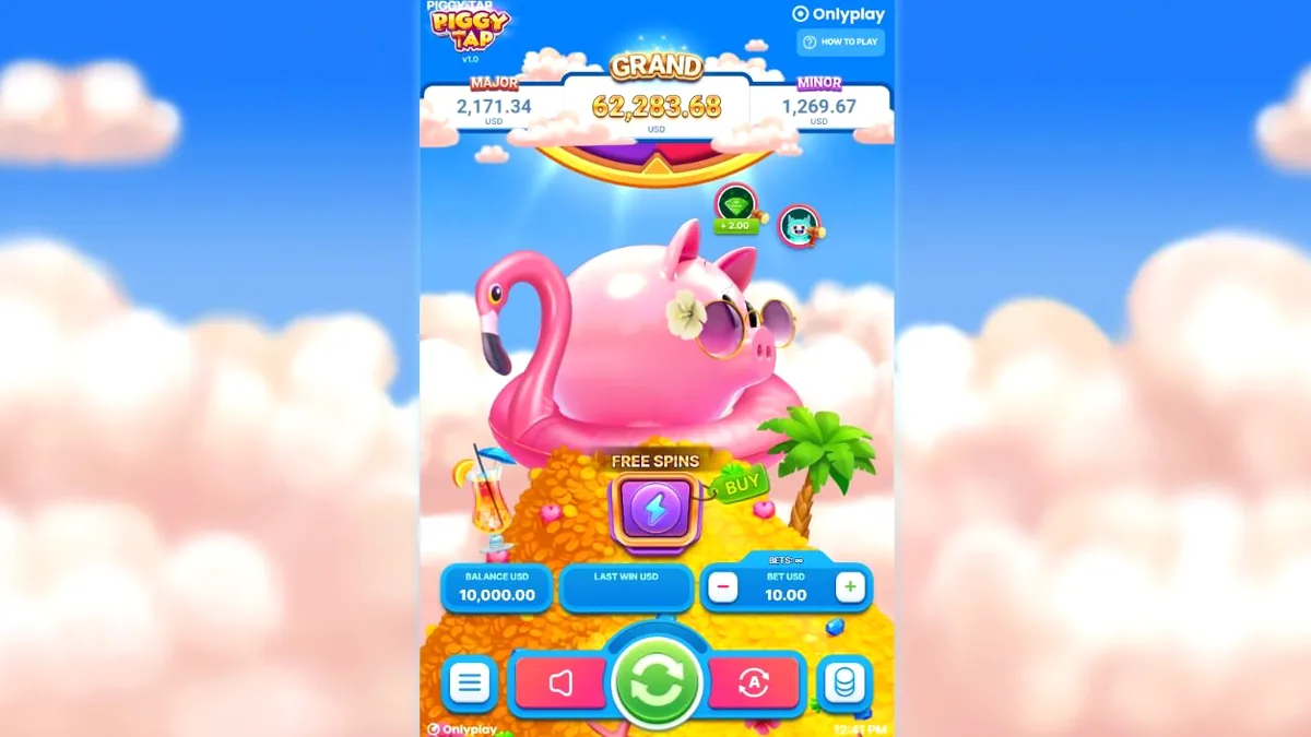 Isang masayang pink piggy bank na nakahiga sa isang flamingo floaty sa gitna ng ginto.
